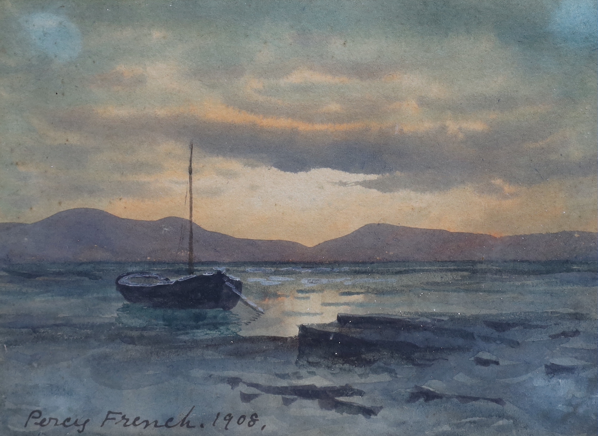 William Percy French (Irish, 1854-1920), Moored boat at sunset, watercolour, 12 x 16.5cm